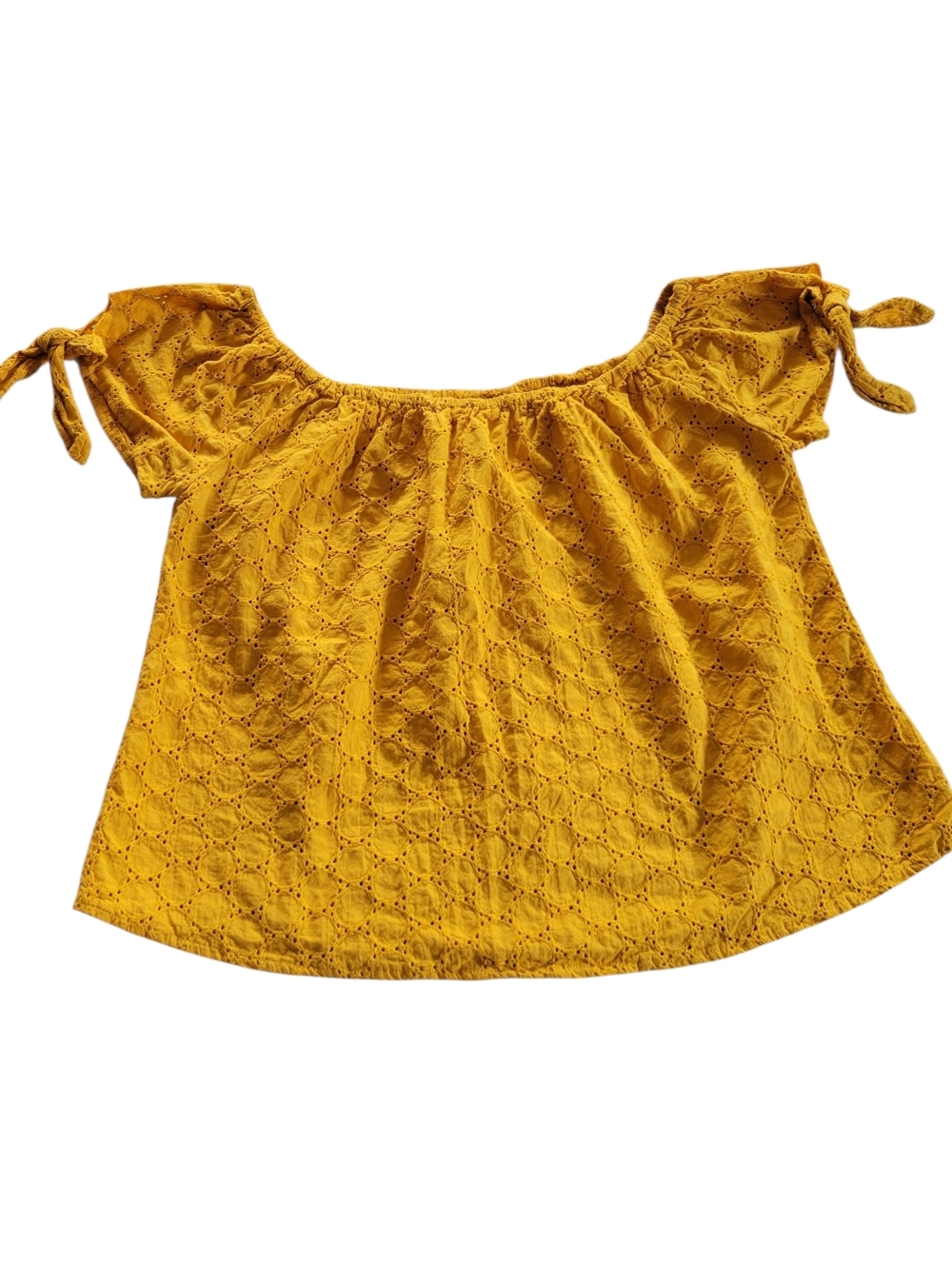 Universal Thread Eyelet Cropped Mustard Top Tie Sleeves Size  Small 100% Cotton